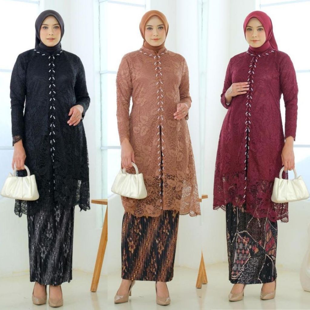 Setelan Kebaya Tunik Brokat Payet Kancing Seribu Mocca Dan Pilihan Warna Lain