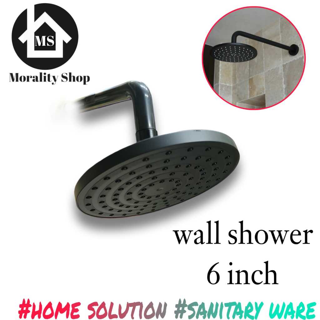 Shower mandi tanam Tembok 6 inch Hitam F02 - Wall shower Mandi bulat Black minimalis