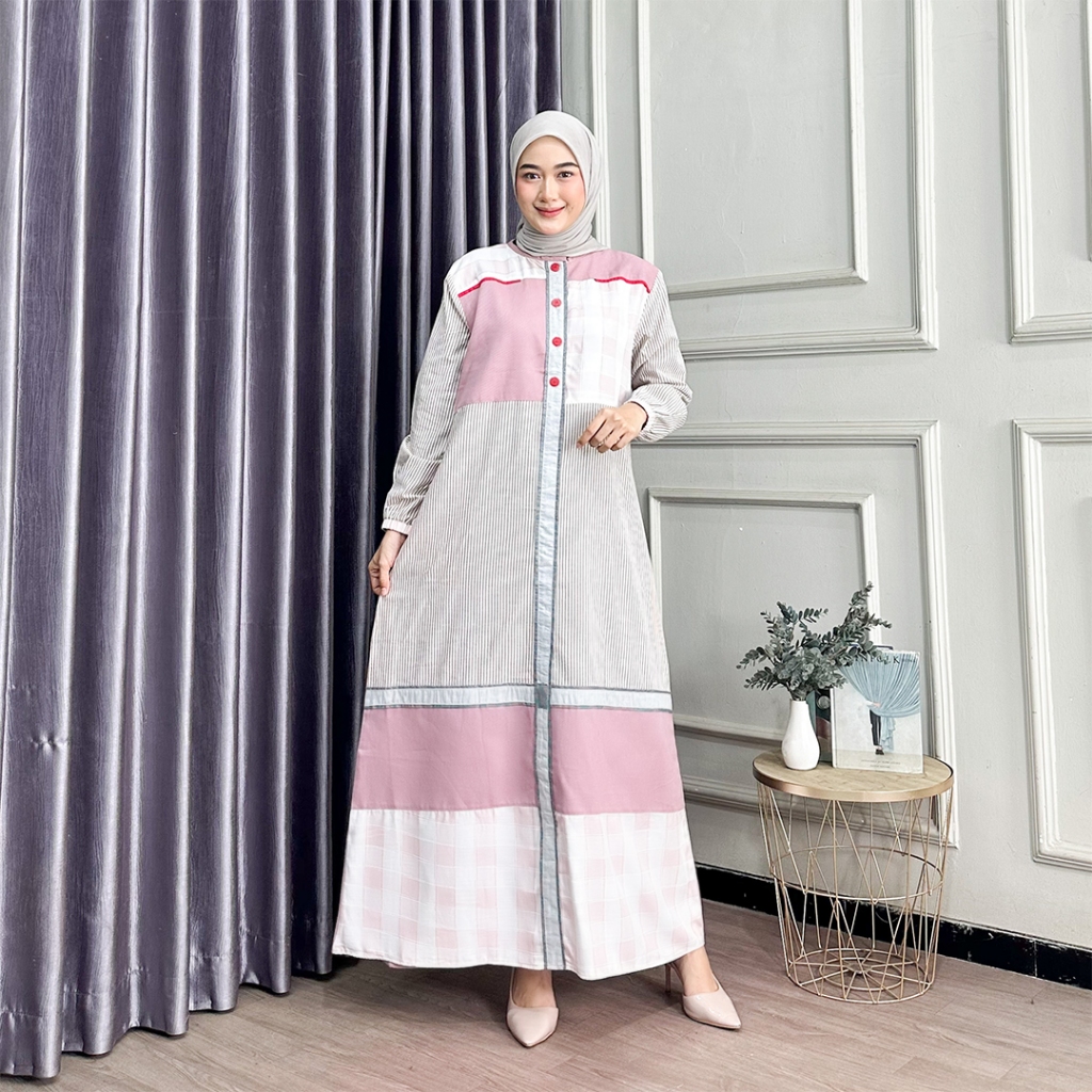 Gamis Katun Kombinasi Wanita Muslim Kekinian Mix Salur Kotak
