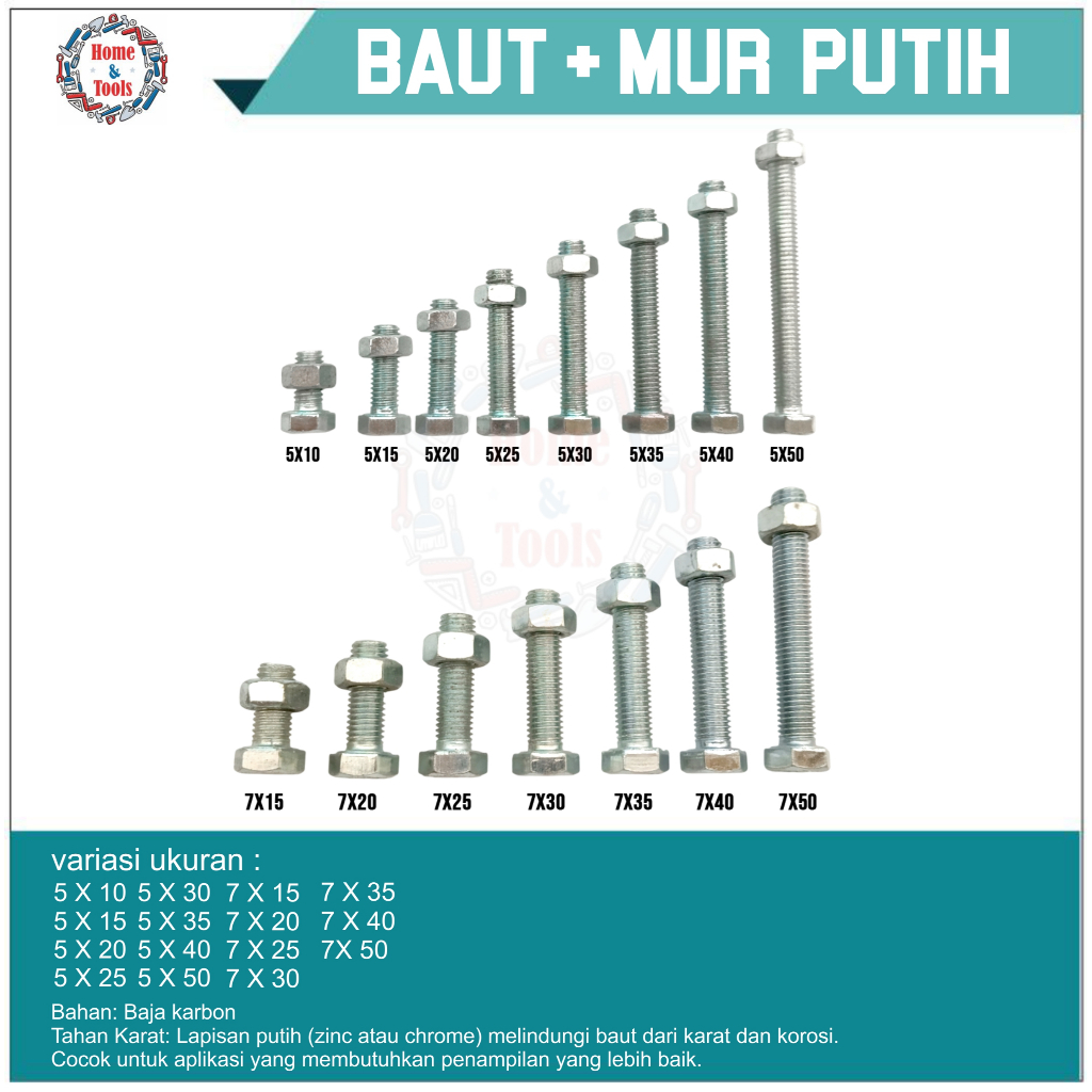 BAUT MUR PUTIH / BAUT / MUR / SEKRUP / BAUT MUR SET