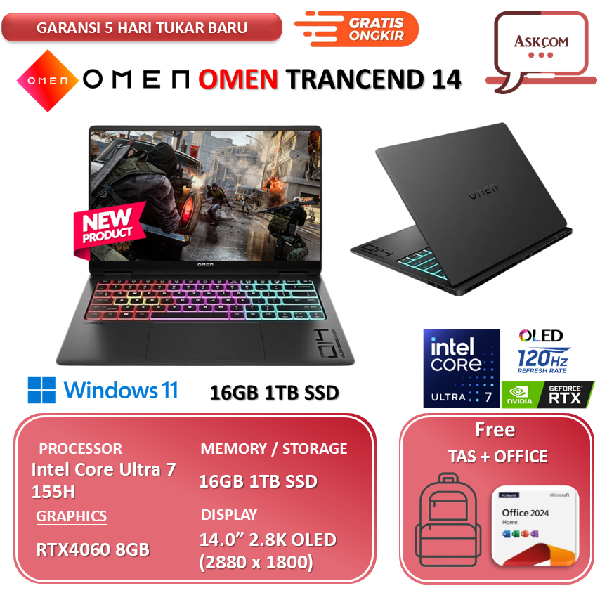 HP Omen Trancend 14 OLED Intel Core Ultra 7 155H RTX4060 8GB - 16GB 2TB SSD 14.0 OLED 120Hz