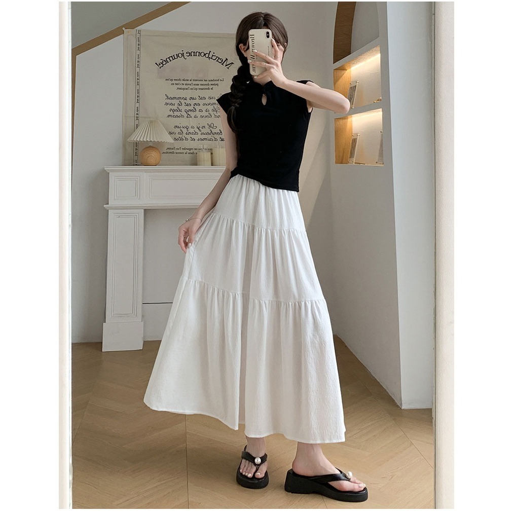 Qlioo Rok Panjang Putih Gaya Korea Rok Panjang Wanita Terbaru Rok Panjang A-line Gaya Korea Wanita