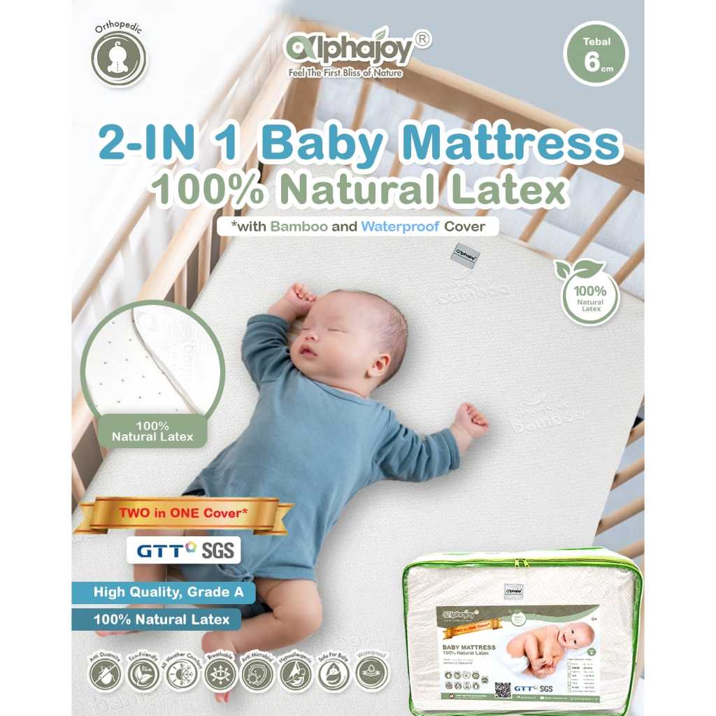 Matras Bayi Latex Alami Alphajoy 2in1 Mattress 100% Natural Latex Bamboo Waterproof 2 in 1 bed ukura
