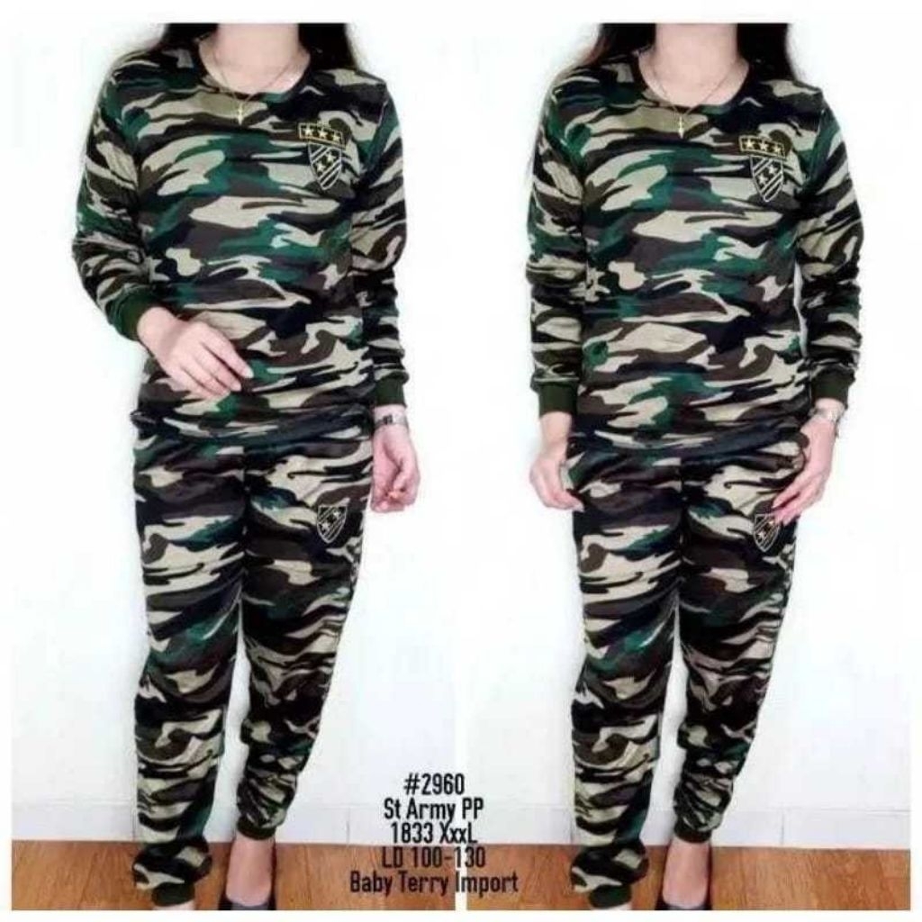 Baju Stelan Senam Wanita Model Army Loreng Udah satu stel Baju sama celana Nyaman di Pakai buat Sena