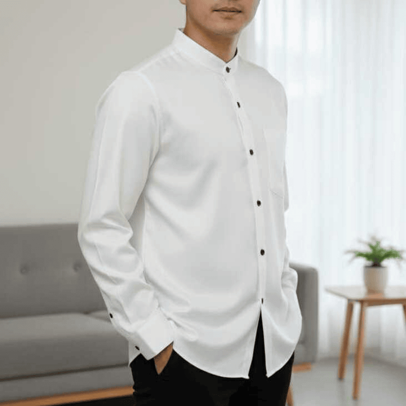 Kemeja Pria Lengan Panjang Kerah Shanghai Polos Putih