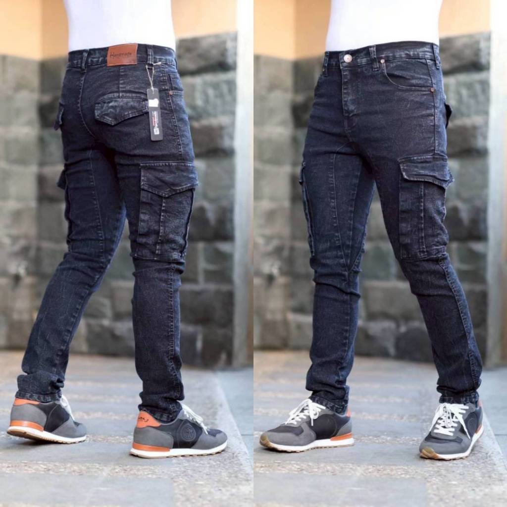 SHAKHAN Celana Cargo Jeans Pria SlimFit - Celana Jeans Cargo Slimfit - Cargo Pria Bikers Cargo
