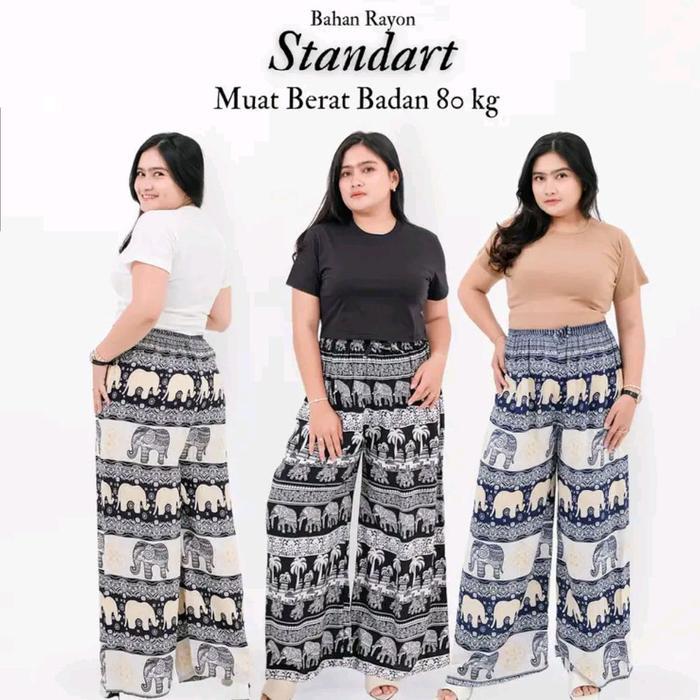 Celana Kulot Wanita Jumbo Rayon Motif Gajah Kain Bali Panjang Nyaman Santai - Gajah hitam, KULOT All