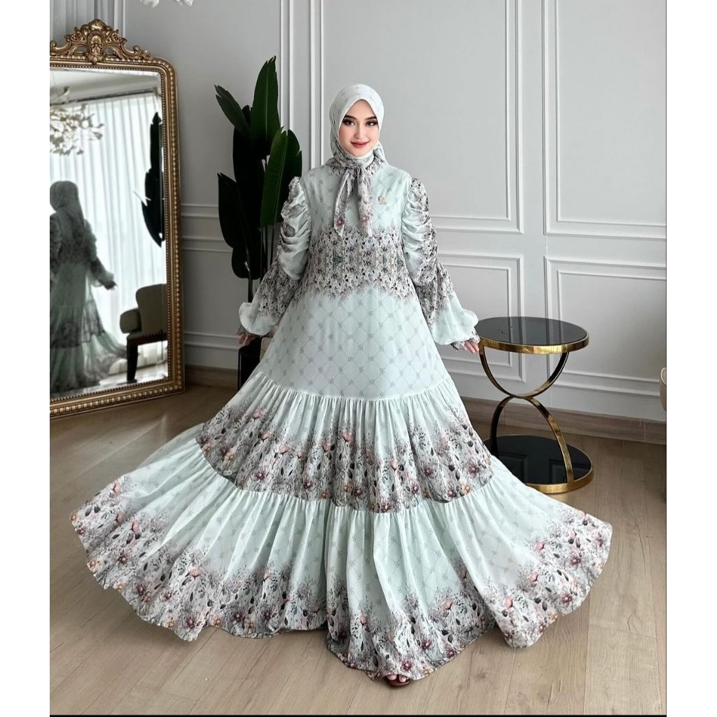 Dress Gamis Set Hijab Shellasaukia Baju Muslim Wanita Dewasa Lebaran Kondangan Pesta