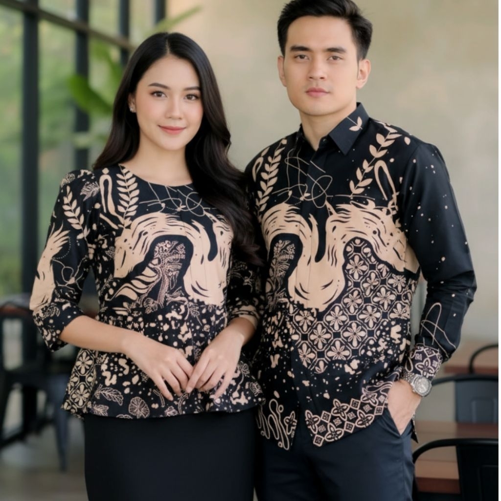 Batik Couple Modern Elegan - Motif Angsa Premium – Hitam Gold Kekinian