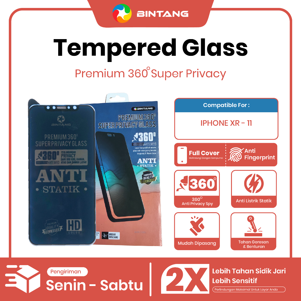 BINTANG Tempered Glass Anti Statik Anti SPY 360° SUPER PRIVASI Fullcover IPHONE XR / 11