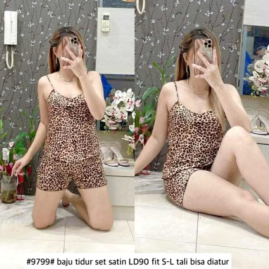 Setelan satin halus baju tidur piyama tali satu celana pendek