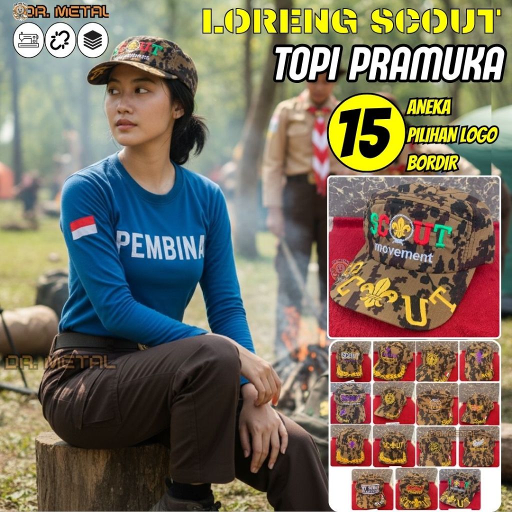 Topi lapangan pramuka loreng Atribut Pembina Tali Belakang strap rel Bahan ripstok Aneka Model Logo