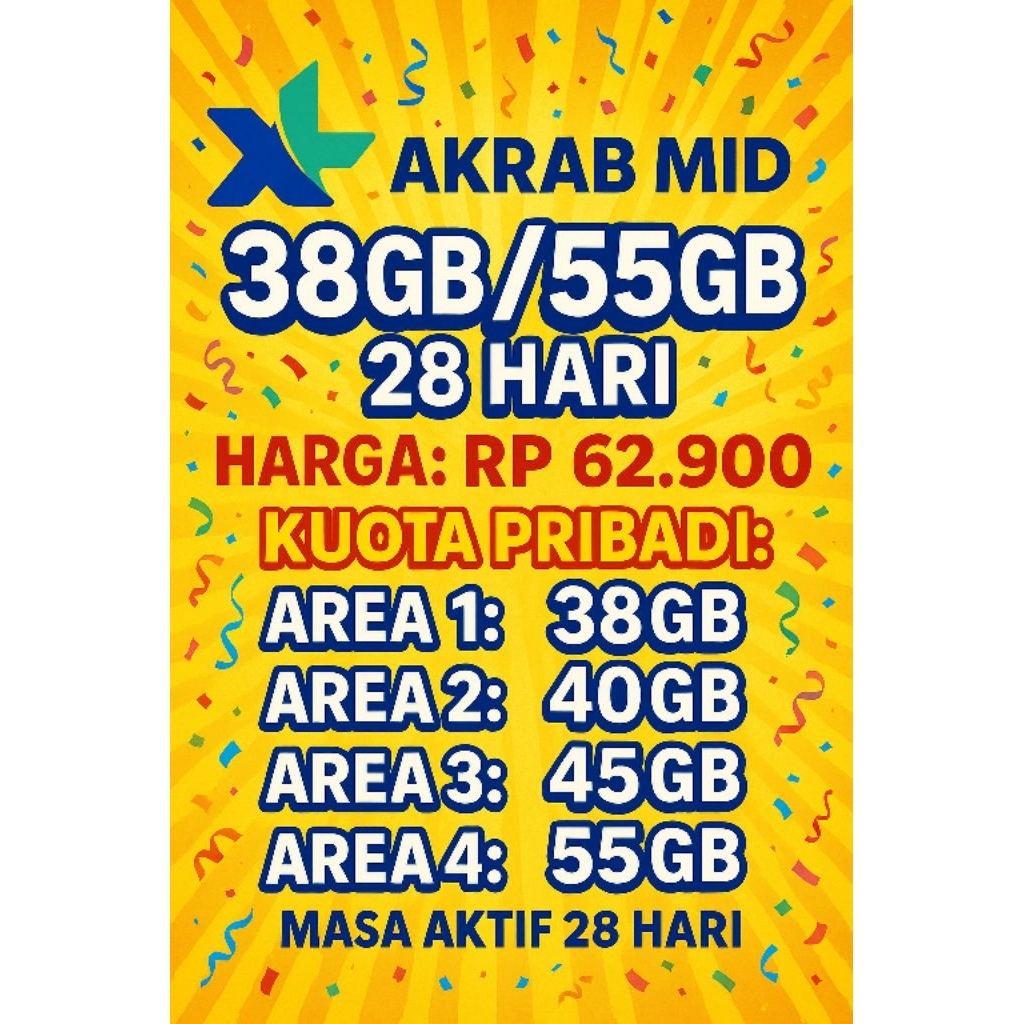 PROMO XL Akrab Mid 38GB - 55GB | data AREA murah banyak  28 hari