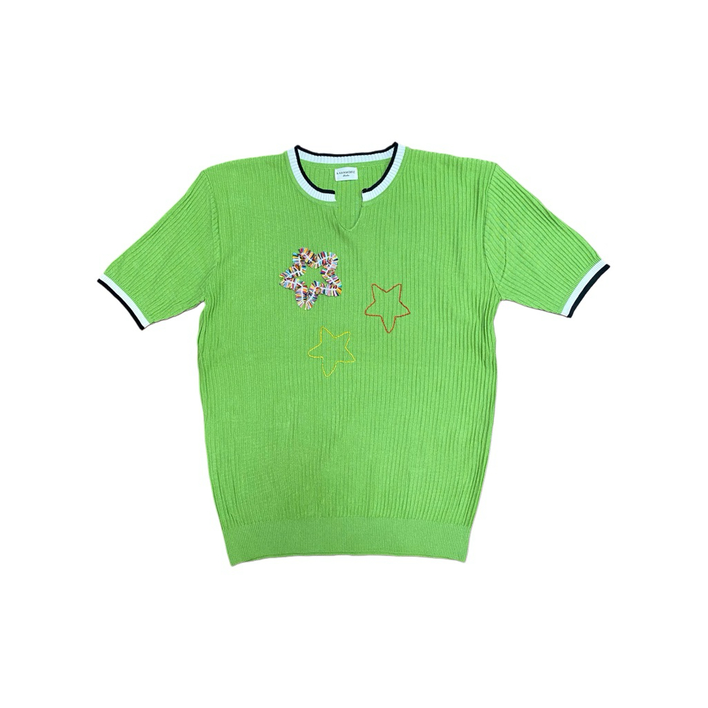 Reworked Stars Green Knit | Atasan Lengan Pendek Wanita Rajut