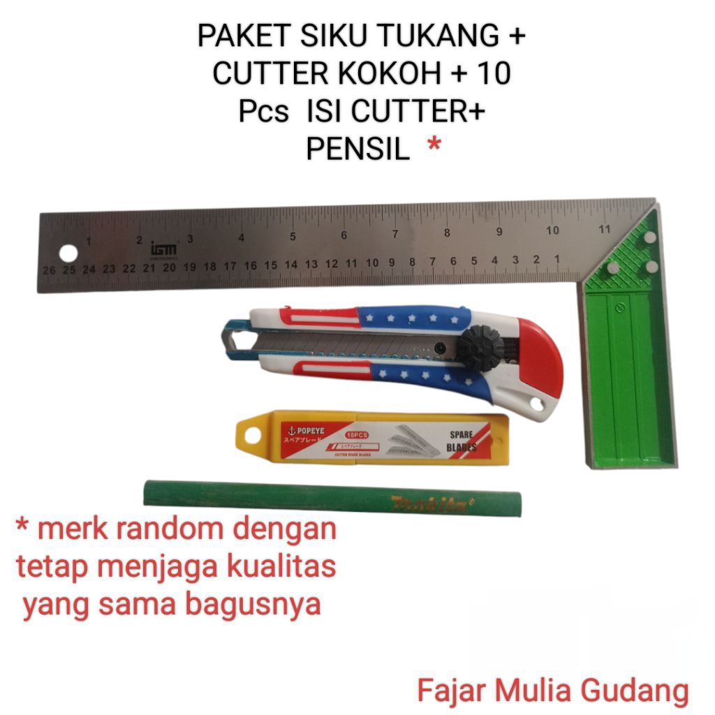 Paket Alat Tukang 4 in 1 & 3 in 1 – Siku Aluminium 12 Inch, Cutter, Isi Cutter, Pensil | Set Alat Ka