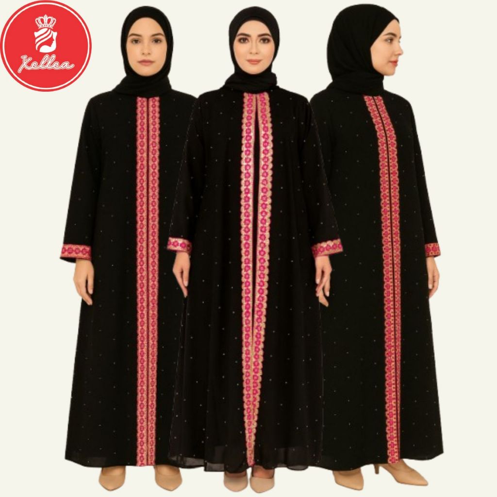 Abaya Kombinasi Sifon Hitam Renda Abaya Arab Turki Fashion Muslim Abaya Angel Pink Terbaru - XELLEA