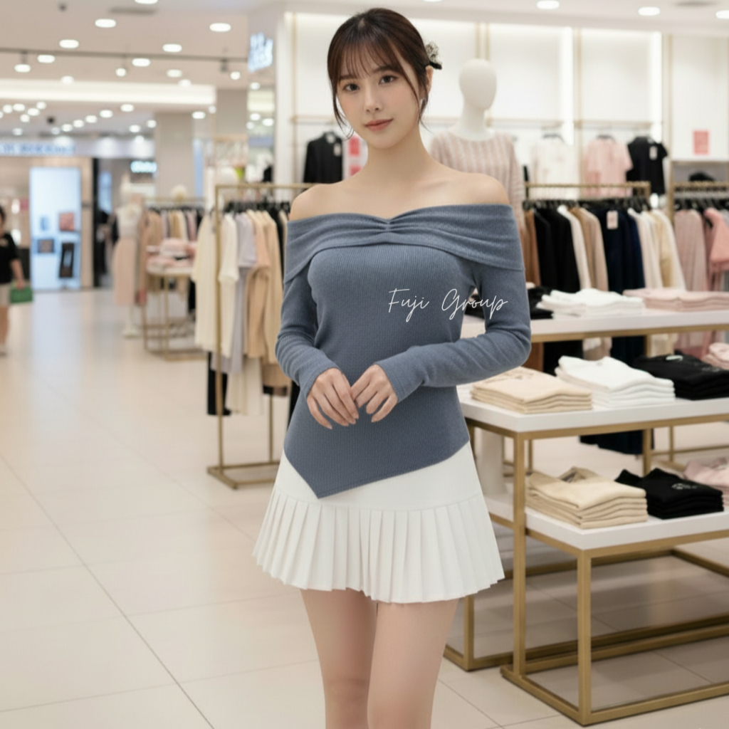 Atasan Rajut Wanita Off Shoulder – Baju Knit Long Sleeve Elegan Korean Style Kekinian