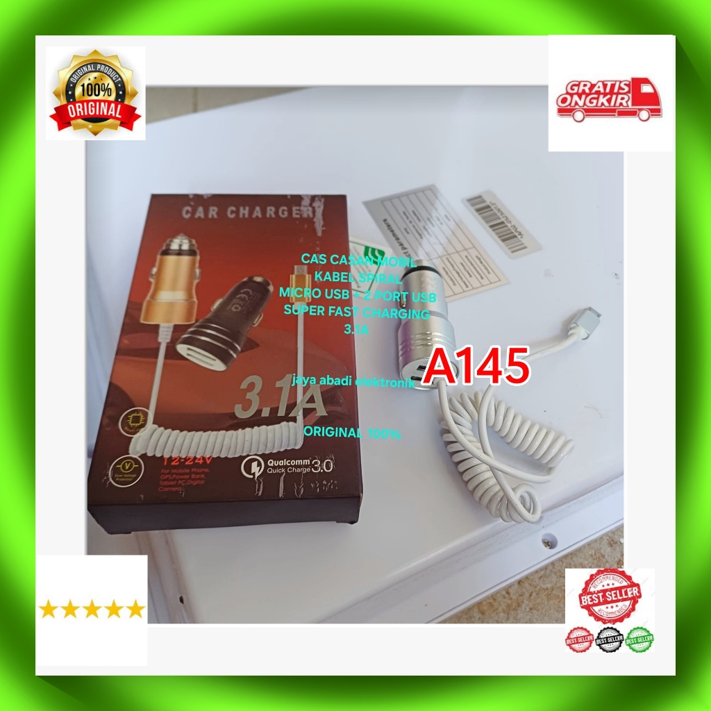 A145 ADAPTOR ORI 100%  CHARGER SPIRAL SAVER 3A 3 A CAR  SPRING TRAVEL ADAPTER CAS CASAN MOBIL 2 USB 