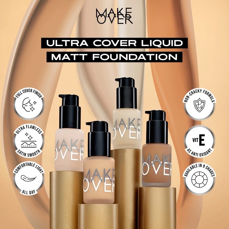 MAKE OVER Ultra Cover Liquid Matte Foundation - Foundation Cair High Coverage Wajah Flawless Finish 