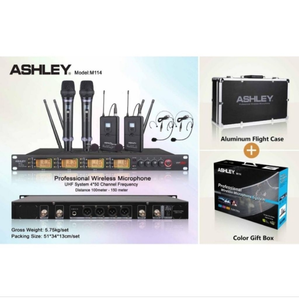 Mic Wireless Ashley M114 Jepit Headset Handheld ( 2 Mic Jepit headset + 2 Mic Pegang)