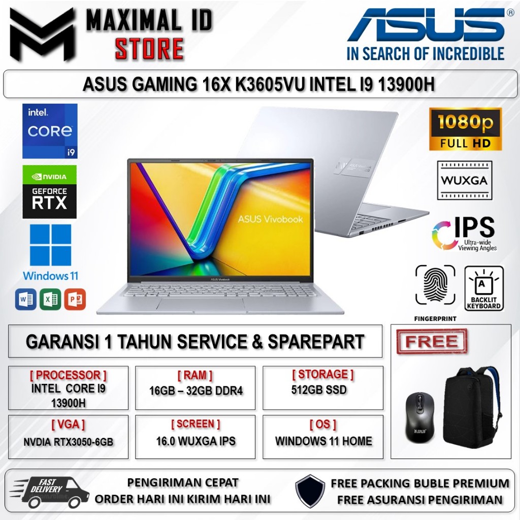 Laptop Asus Gaming 16X K3605VU Intel Core i9 13900H 16GB 2TB RTX4050-6GB WUXGA IPS Windows 11