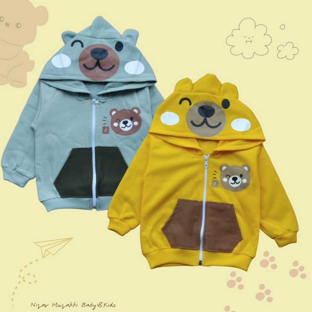 Jaket bayi anak Hoodie motif BEAR Z / saku depan jaket bayi karakter hewan 3-12 bulan