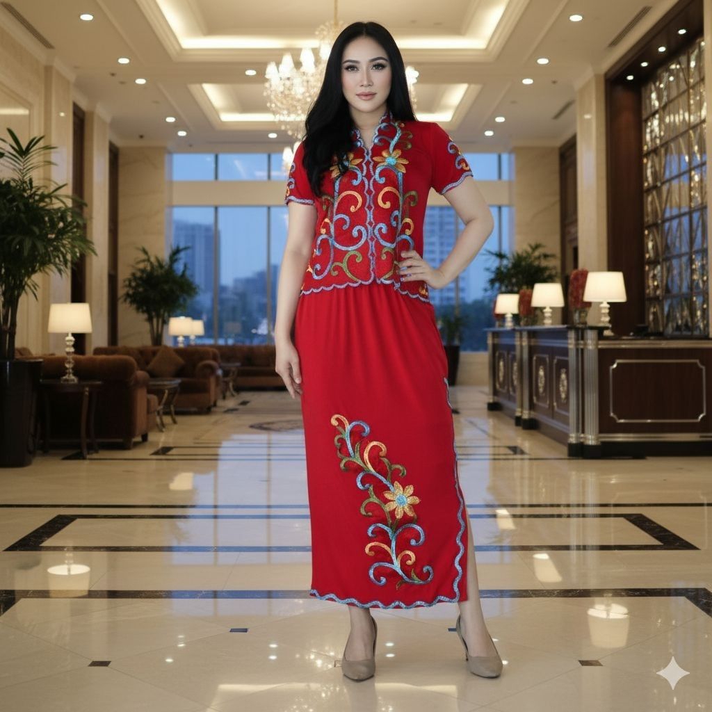 Setelan Kebaya Bordir Motif Dayak Kalimantan dan Rok Wanita Pakaian Wisuda Stretch Modern