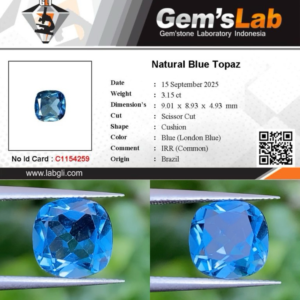 3,15 cts Natural London Blue Topaz origin Brazil IRR Memo GLI