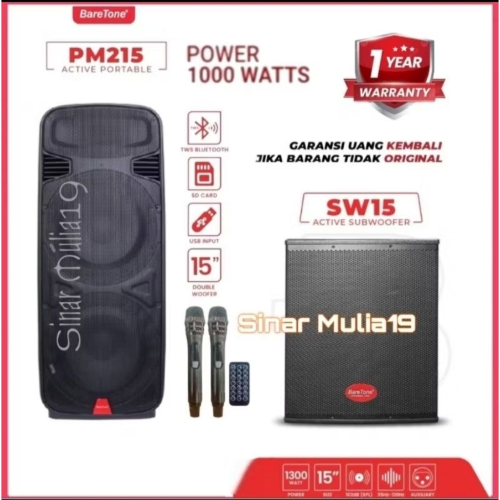 PAKET KARAOKE BARETONE PM215 ORIGINAL DOUBLE WOOFER"15 INCH 1000 WATT SUBWOOFER AKTIF 15 INCH BATETO