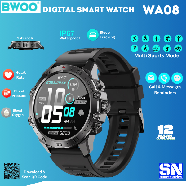 BWOO Smart Watch - WA08 Smart Watch - IP67 Waterproof w/ Health monitoring