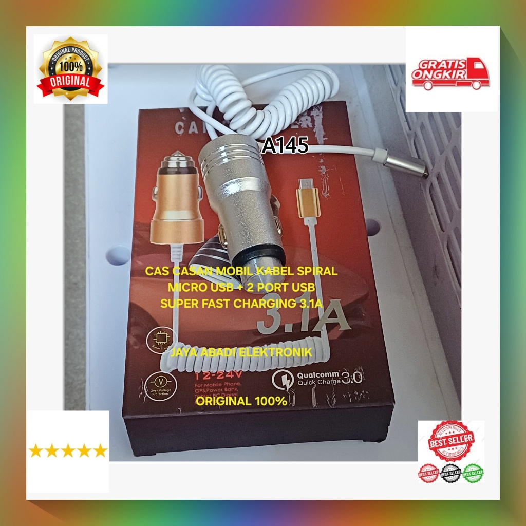 A145 CAR CHARGER SPIRAL SPRING TRAVEL ADAPTER CAS  ADAPTOR SAVER ORI 100% 3A 3 A CASAN MOBIL 2 USB C