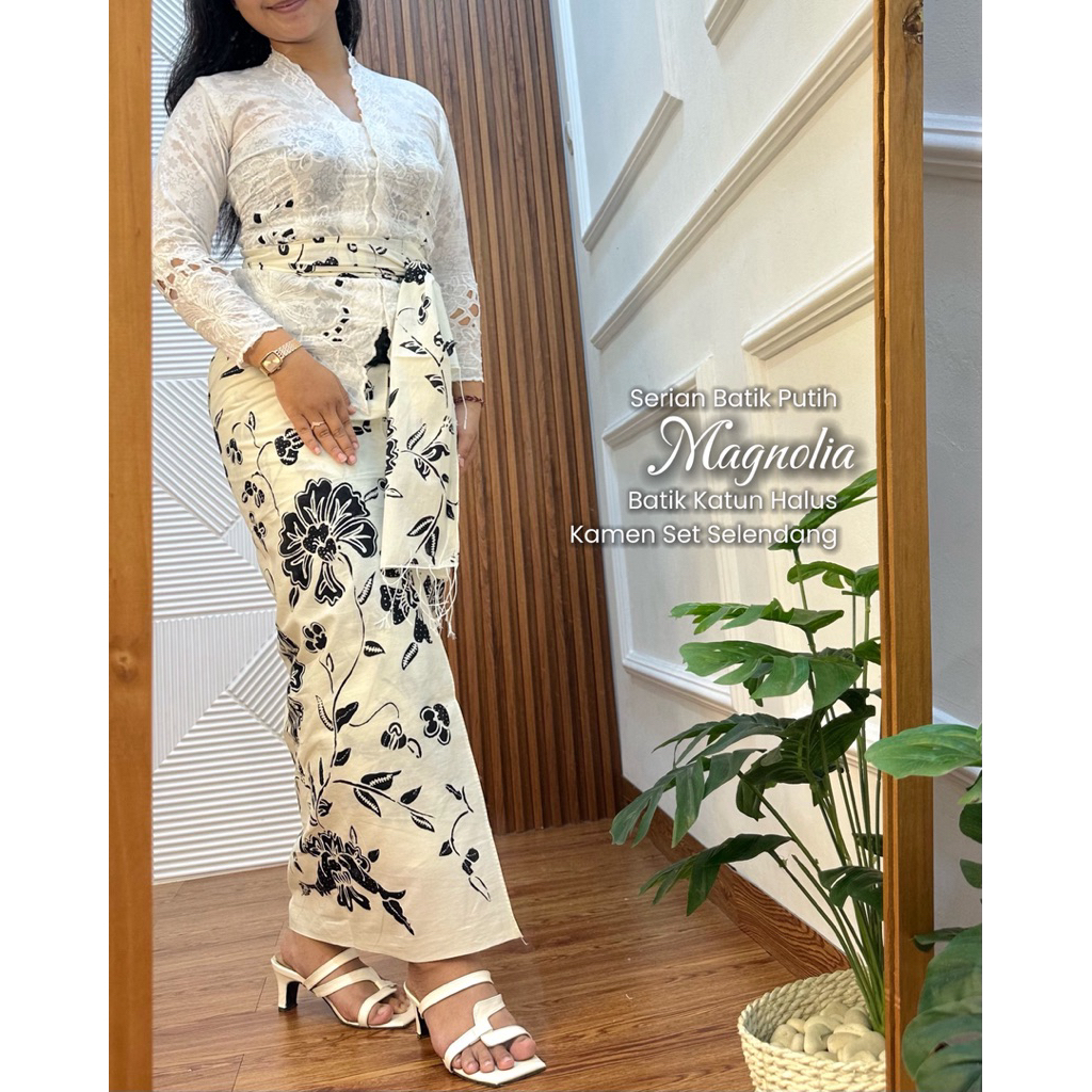 Kamen Batik Adat Bali Lembaran Set Selendang - Bahan Katun Halus Seri Magnolia Warna Putih Tulang