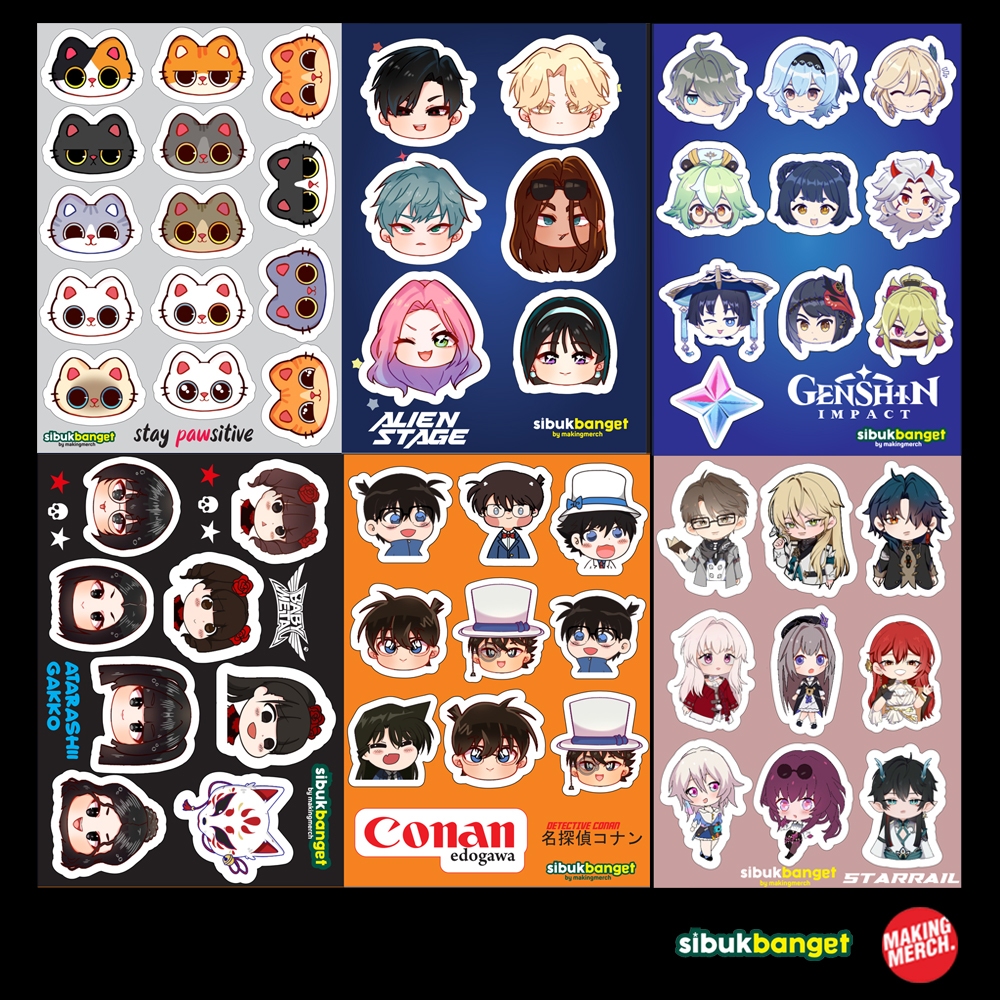 STICKER SHEET ANIME DAN GAME, HAIKYUU, JUJUTSU KAISEN, ONE PIECE, TOKREV, GENSHIN IMPACT, HSR, SPY X