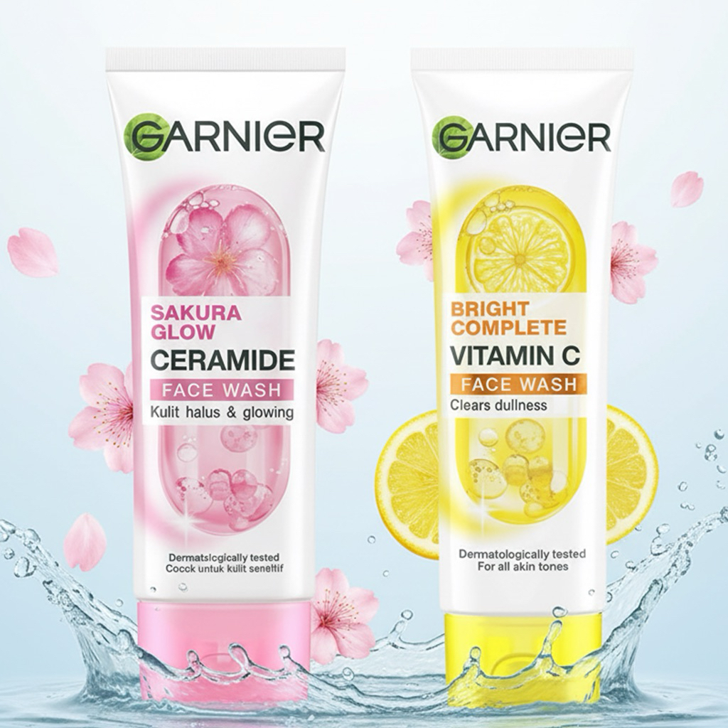 {𝐆𝐀𝐑𝐔𝐓} GARNIER Face Wash 100ml - Bright Complete Vitamin C & Sakura Glow Ceramide Face Wash - Pembe