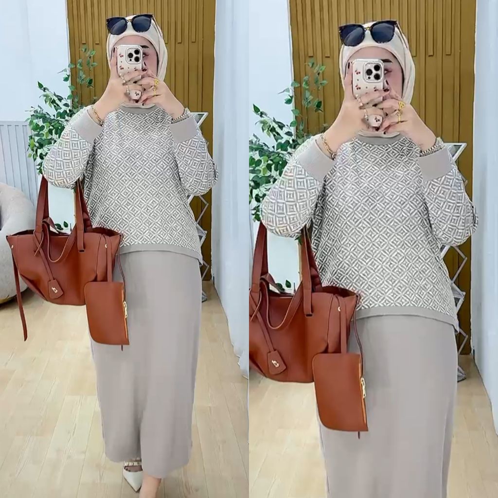 helena setdress outer motif kaos knit rajut import cantik terbaru
