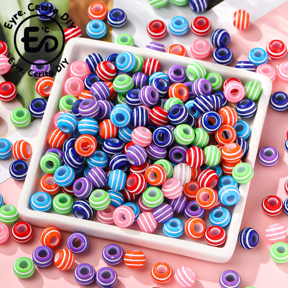 COD&(50pcs)Manik-manik Bergaris Warna-warni Manik-manik Longgar Lubang Besar Manik Bulat Tas Kalung 