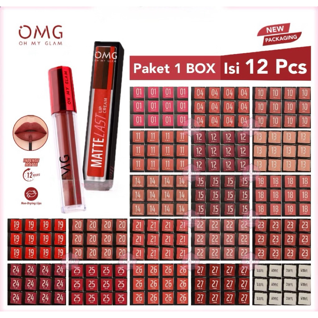OMG Oh My Glam Mattelast Lip Cream | Lipstick paket 1box 12pcs (Lusin)