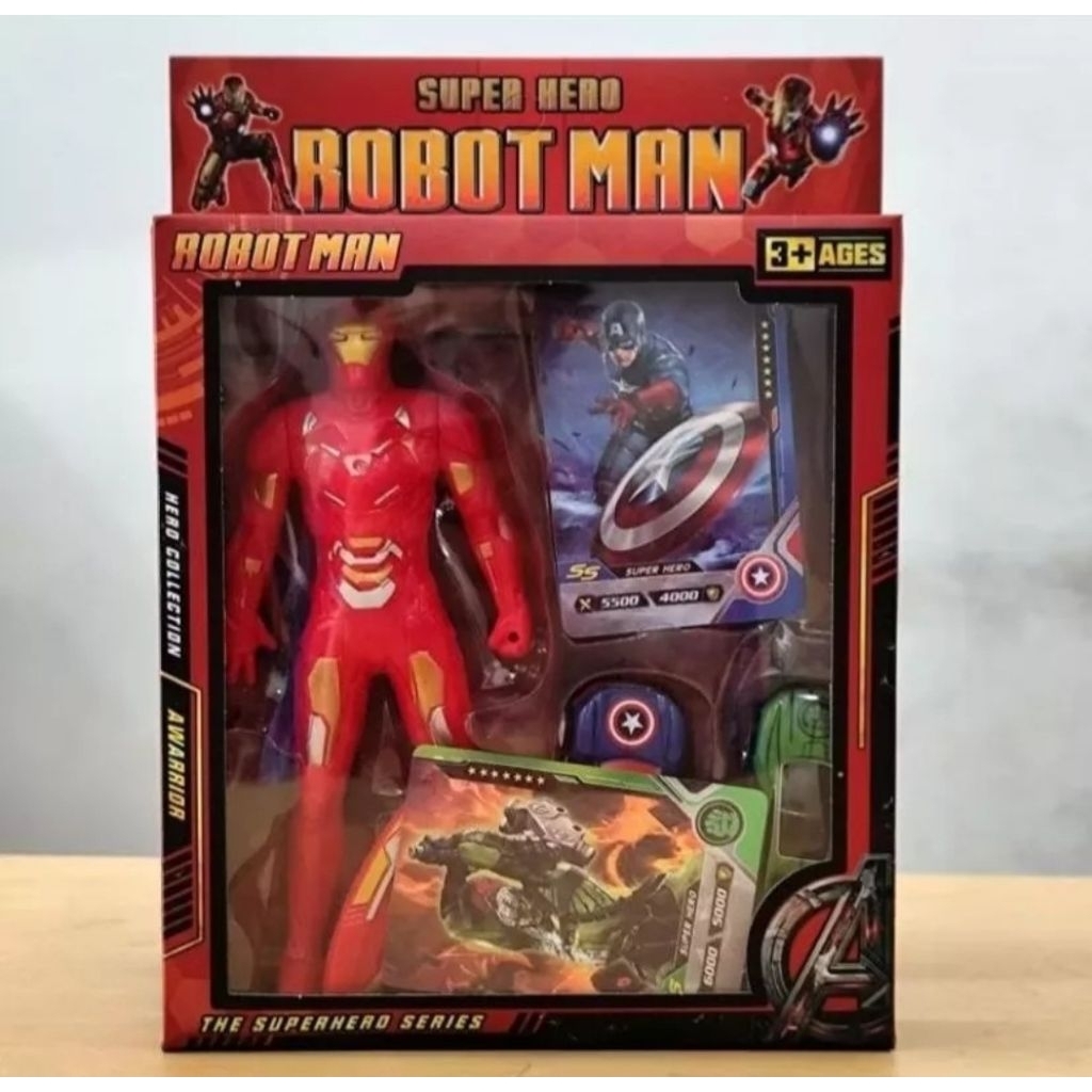 Mainan Anak Robot Plastik Dengan Lampu / Mainan Robot Superhero Avengers Set Kartu dan Mobil