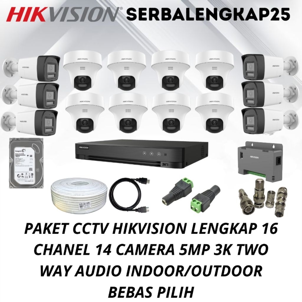 PAKET CCTV HIKVISION 16 CHANNEL 14 CAMERA 5MP TWO WAY AUDIO CAMERA CCTV