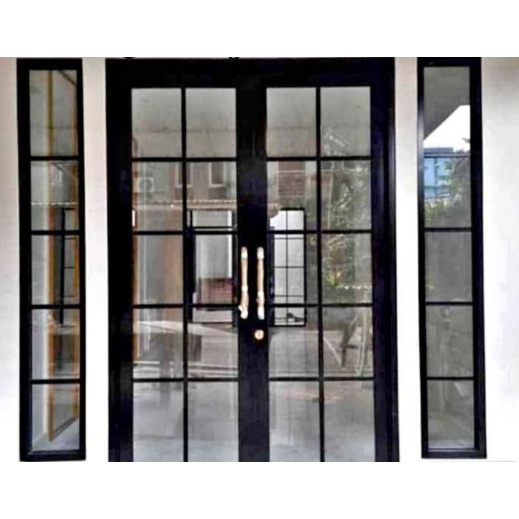 Pintu aluminium kaca ornamin kupu-kupu+kusen.dan 2 jendela kanan kiri. tersedia warnaputih hitam cok