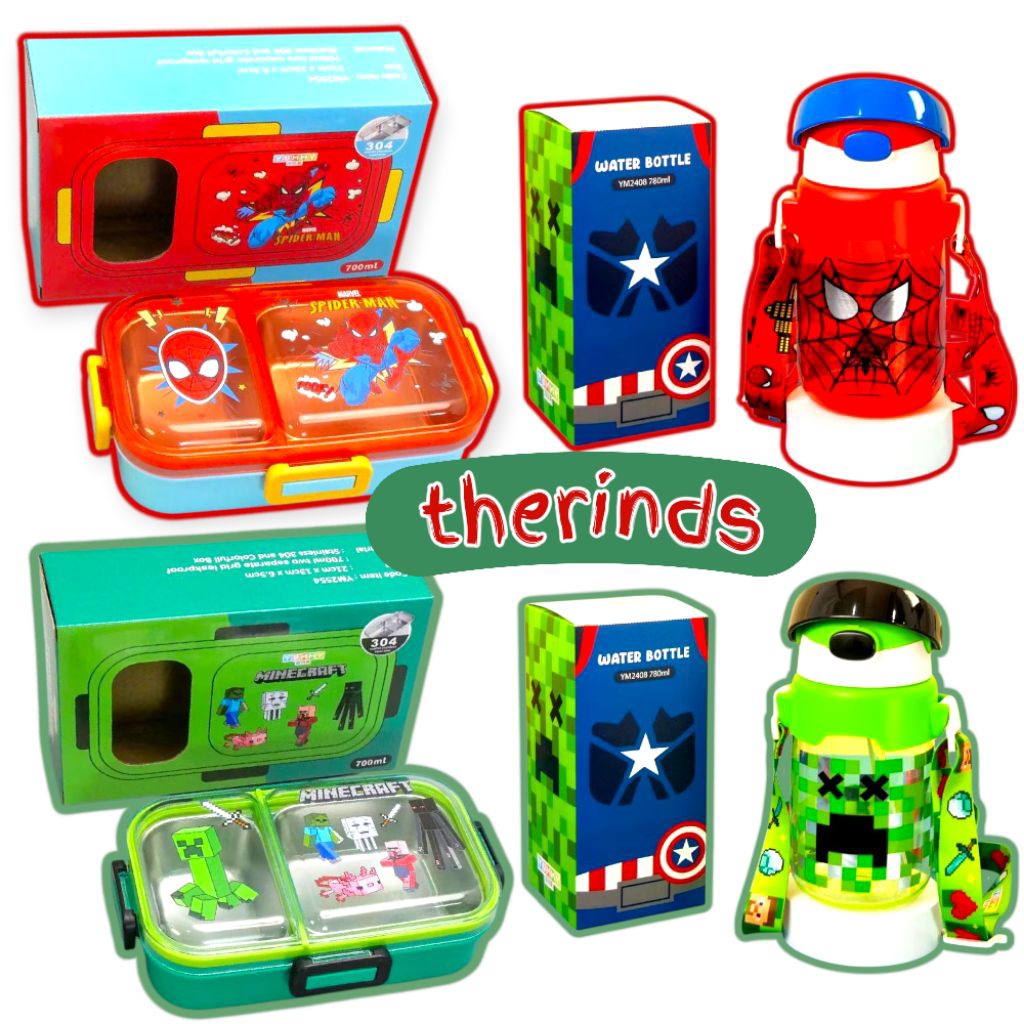 Set Kotak Makan + Botol Minum Anak Spiderman Minecraft | Kotak Bekal 2 Sekat dan Tempat Minum Tali A