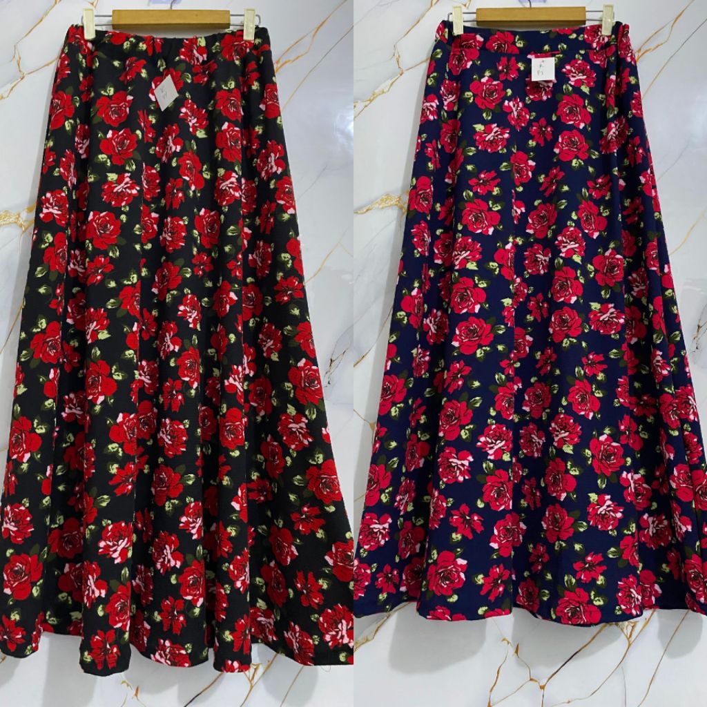 Rok Panjang Wanita Motif Kembang Bahan Wafel Lembut Karet Melar