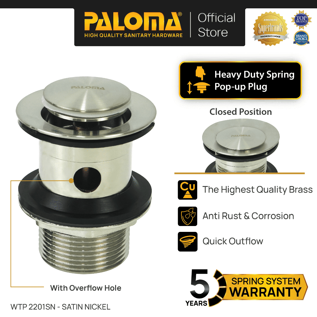 PALOMA WTP 2201SN Afur Wastafel Cuci Tangan Kepala Sifon Pop Up Waste Avur Brass Kuningan Satin Silv