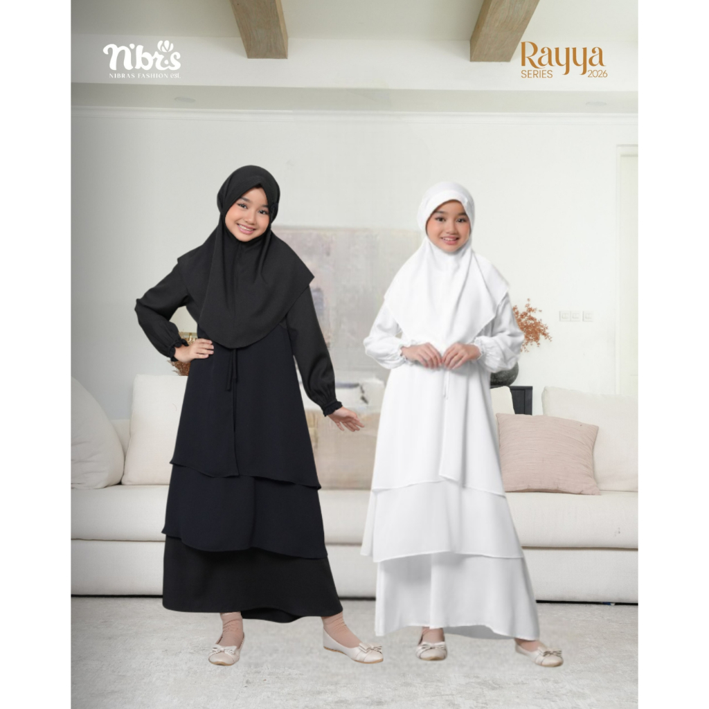 BUSANA MUSLIM GAMIS ANAK SET HIJAB NIBRAS WARNA HITAM PUTIH SIMPLE TERBARU 2026 DIARAYYAKU DANDIA BR