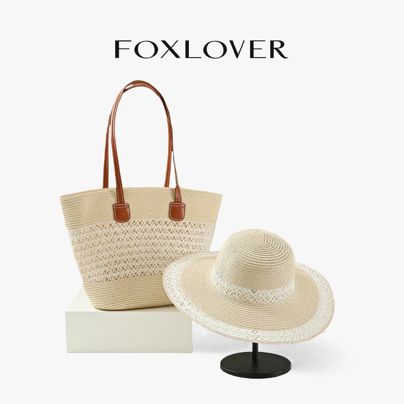 FOXLOVER Tas anyaman wanita dengan topi tas jinjing berkapasitas besar  warna khaki putih