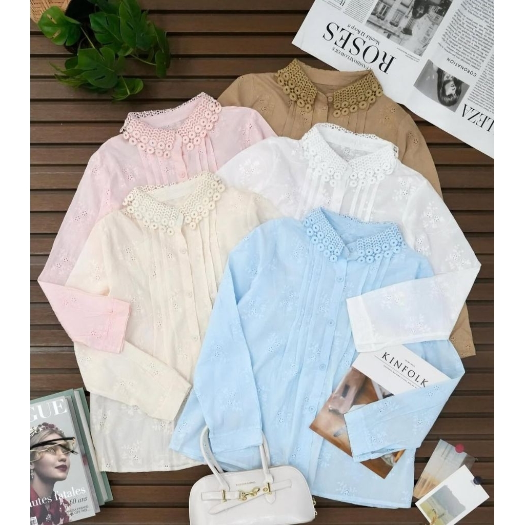 Blouse import top kemeja bordir dan brukat Atasan Panjang Wanita