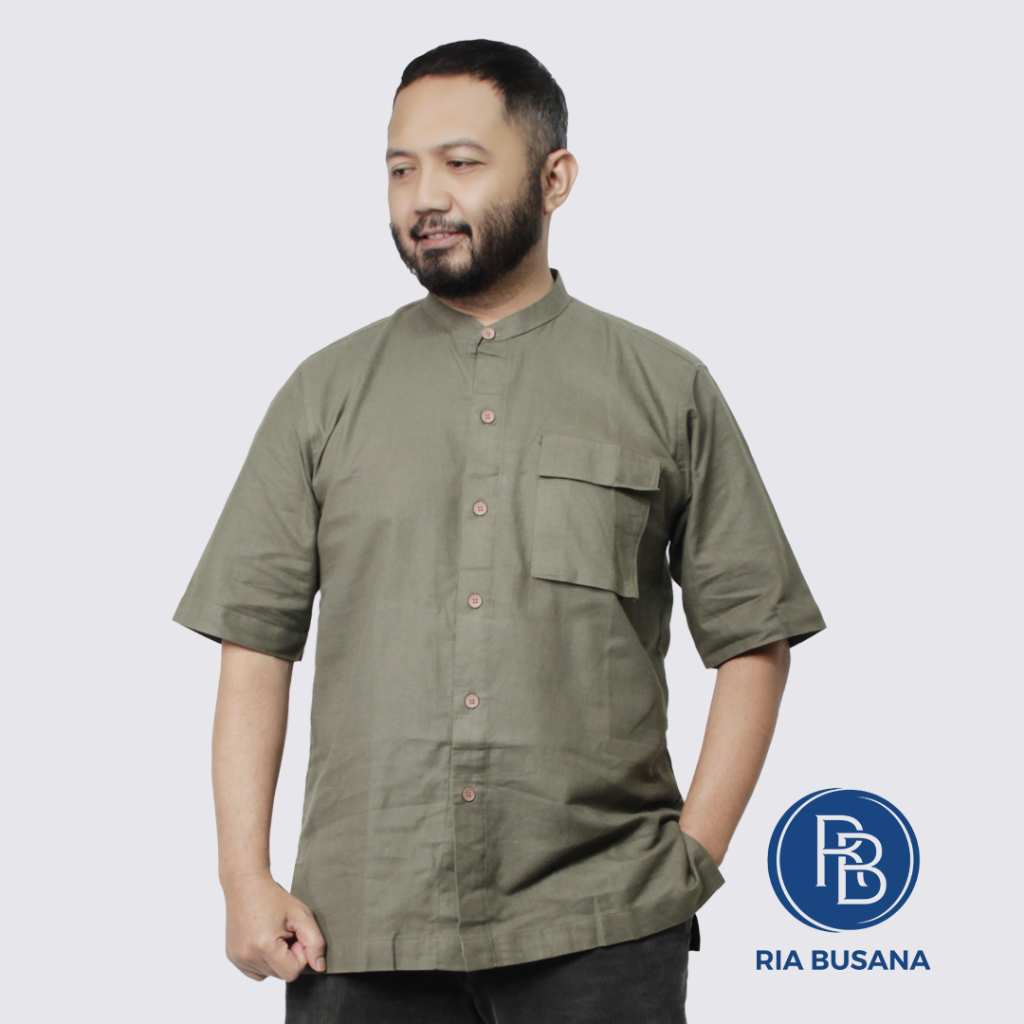 Ria Busana - Bastoh -  Kemeja Pria Koko Shanghai Lengan Pendek Linen Polos