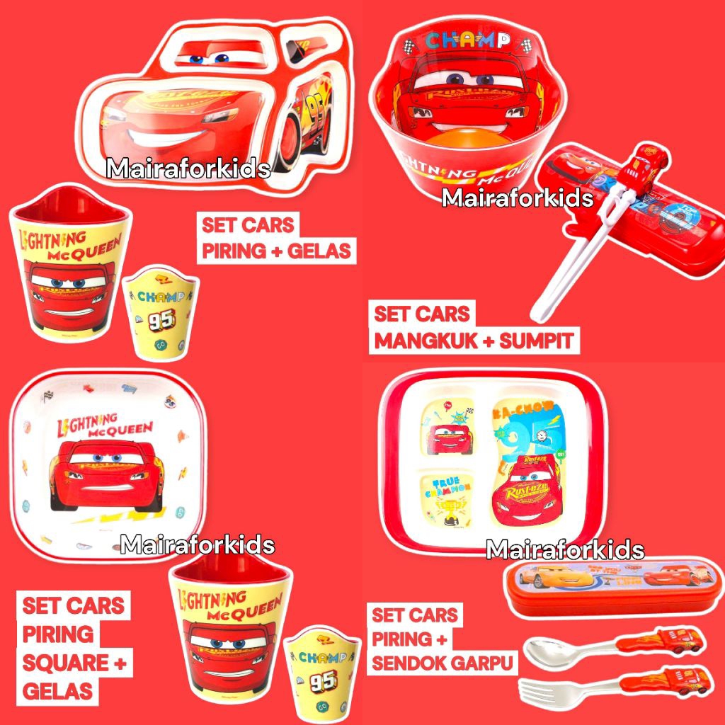 Set Piring Mangkok Gelas Sendok Garpu Sumpit Cars | Set Alat Makan Karakter Cars | Perlengkapan Maka