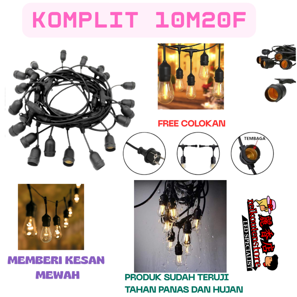 KOMPLIT KABEL10 METER Paket Kabel Lampu Gantung Outdoor 5-10 Meter 10-20 Fitting dengan Lampu LED 4W