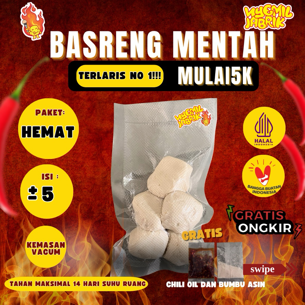 Basreng Mentah Nyemil Jabrik Isi 5 Cuma 6rb GRATIS CHILI OIL & BUMBU ASIN